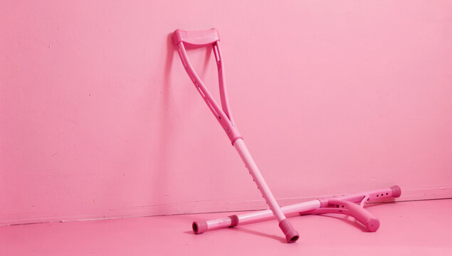 A pink crustacean is leaning against a pink wall