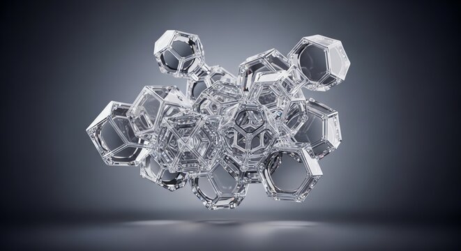 Abstract glass molecular structure with interconnected hexagonal shapes and reflective surfaces.