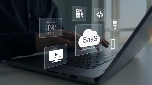  Technology network software services on cloud system.
SaaS - software as a service technology concept. 