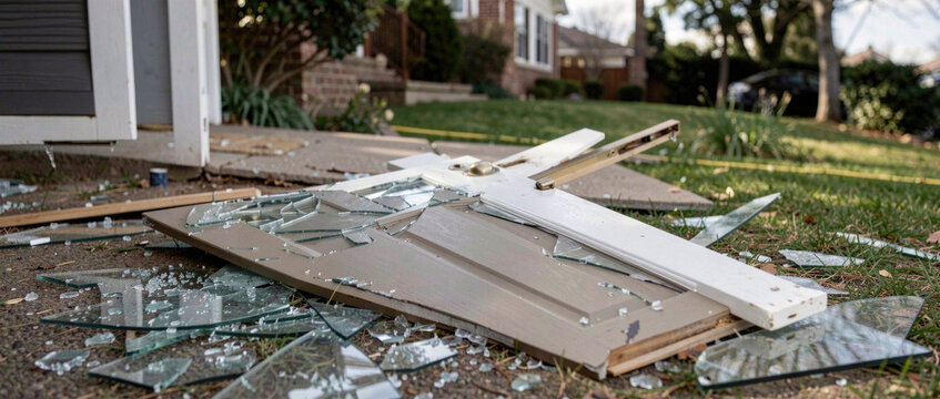 A broken glass door lying on the ground in front of a house