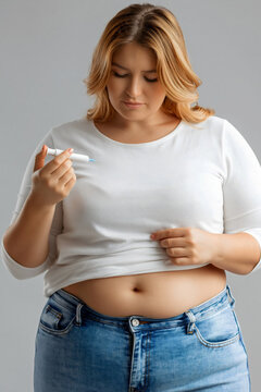 Plus size young woman looking at glp-1 weight loss injector pen preparing abdominal self-injection for obesity hormonal therapy.