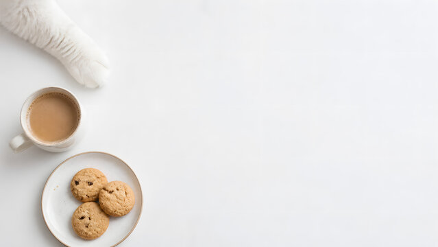 Minimalist cafe flat lay with coffee, cookies, and a white Persian cat paw on white table with copy space