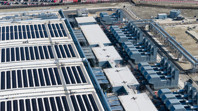 Drone view of hyperscale datacenter in Westpoort, Groningen, featuring big data, AI infrastructure, machine learning, cloud services, and sustainable digital development.