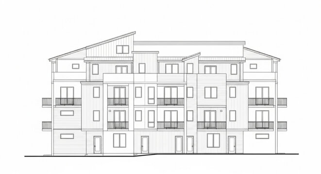 Multi-Family Residential Building Elevation CAD Drawing with Layered Gable Roofs, Balconies, and Modular Facade Composition
