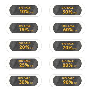 Luxury Black Glitter Glass Capsule Big Sale Button Set with Transparent Acrylic Frame, Glossy Dark Gradient Effect, Discount Labels from 10% to 90% Off, Premium E-commerce UI Elements, Isolated 