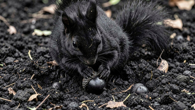A black squirrel perched on top of a pile of dirt, surrounded by nature