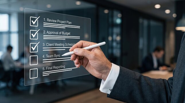 Hand checking off items on a transparent digital project plan list including budget approval and client meetings, business strategy concept.