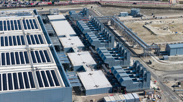 Drone view of hyperscale datacenter in Westpoort, Groningen, featuring big data, AI infrastructure, machine learning, cloud services, and sustainable digital development.
