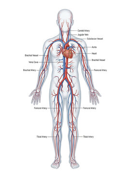 Human body circulatory system with labeled arteries and veins, transparent background