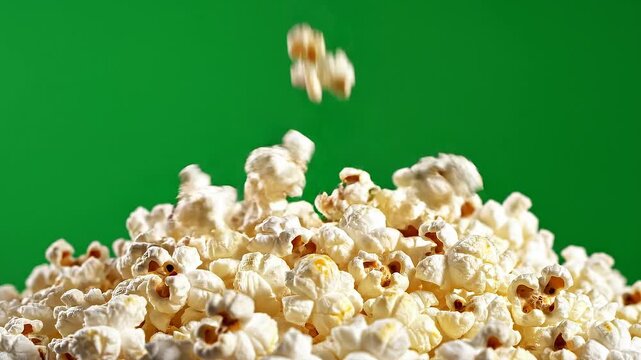 Close up of fresh popcorn falling on a pile with green background for snack and movie time