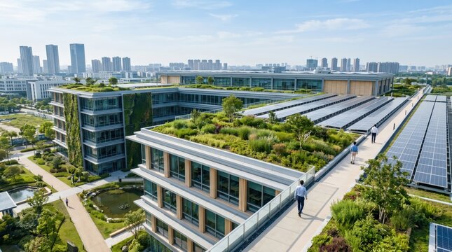 Aerial view of modern green building complex with rooftop garden and solar panels, sustainable architecture design featuring eco-friendly vegetation walls and urban landscape