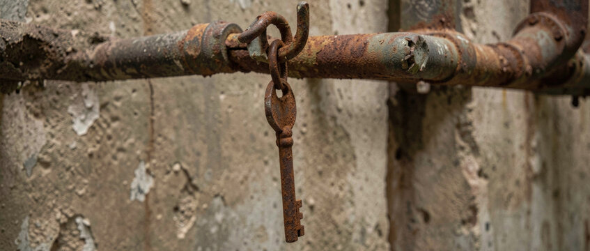 An old rusty iron pipe with a worn-out chain attached, great for industrial or abandoned setting scenes
