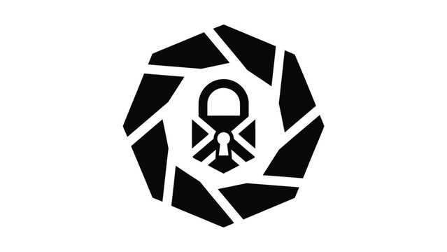 A black and white logo featuring a padlock and camera shutter