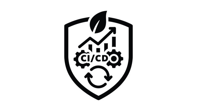 A black and white logo featuring a shield with a leaf and gears
