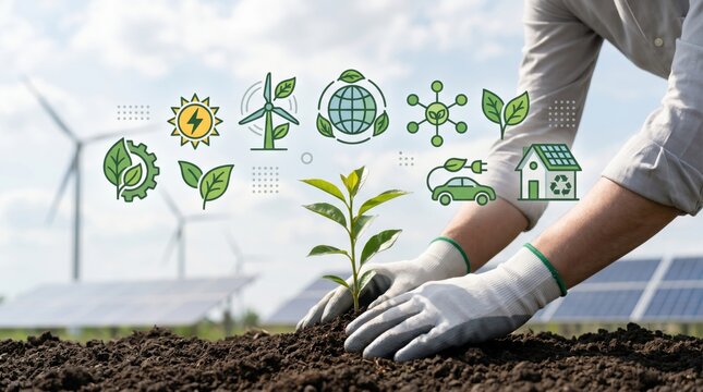 Planting a tree sapling with renewable energy icons, wind turbines and solar panels background, sustainable development and green ecology concept for environmental protection.