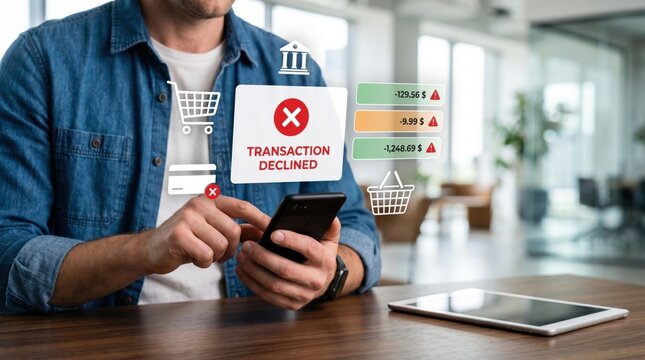 Man using smartphone with transaction declined error message, online shopping cart icon and banking symbols, illustrating payment failure or credit card rejection in digital