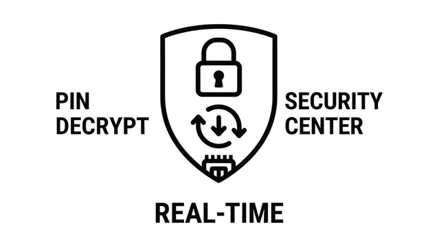 A security shield icon with a padlock and PIN decrypt symbol