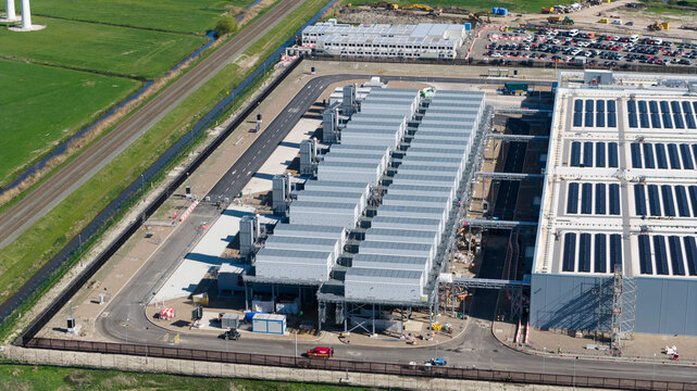Drone view of hyperscale datacenter in Westpoort, Groningen, featuring big data, AI infrastructure, machine learning, cloud services, and sustainable digital development.