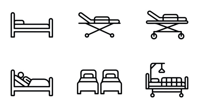 Medical hospital bed icons set, black outline vector illustrations of clinic furniture and patient stretchers, healthcare equipment symbols