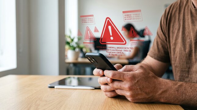 Cyber security alert on smartphone screen, firewall breach detected, critical system warning notification for unauthorized access attempt and data protection concept.