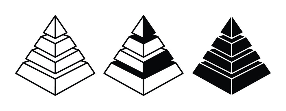 Isometric pyramid chart icons, black and white 4 level tiered diagram set, geometric 3D triangle infographic elements for business presentation