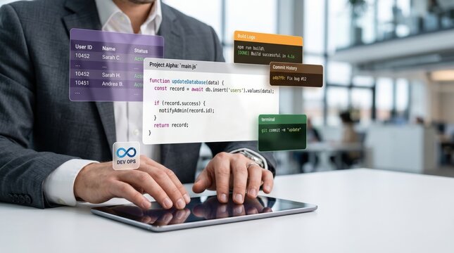 Businessman working on tablet with floating code windows, database records, build logs and devops interface showing software development, programming and agile project management