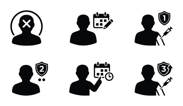Vaccination schedule icon set, medical immunization process symbols, black silhouette patient icons for healthcare planning and booster shots