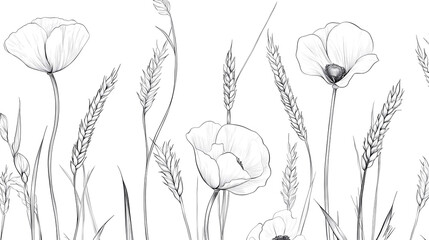 Naklejka premium Ukrainian Grain Seamless Repeat Pattern with Wheat Ears Cornflowers and Poppies — Elegant Botanical Line Art Black on White Wrapping Paper and Fabric Design
