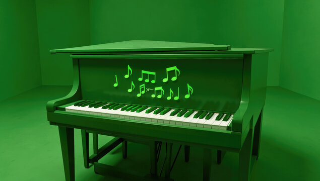 A close-up of a green piano with music notes written on the keys and surrounding surface