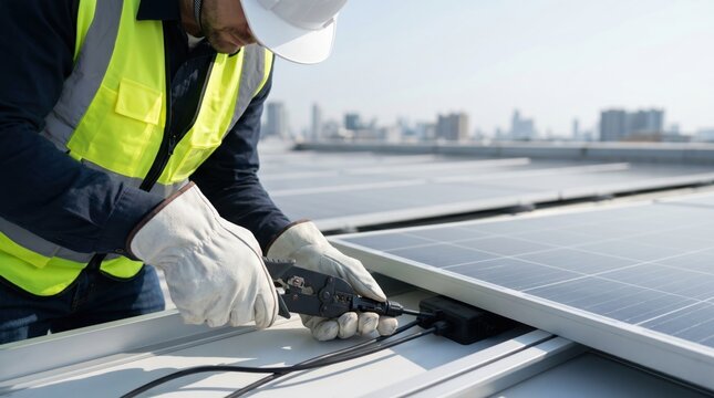 Technician performing maintenance on rooftop solar panel system, connecting wiring and junction box, urban city skyline background, residential or commercial photovoltaic
