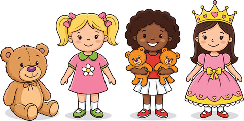 Fototapeta premium Cute Children and Teddy Bear Character Set with Princess, Doll, and Playful Accessories, Ideal for Childhood, Toys, and Fun Illustrations