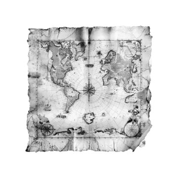Black and white halftone illustration of vintage treasure map with compass and sketches, old parchment isolated on white background, retro engraving style.