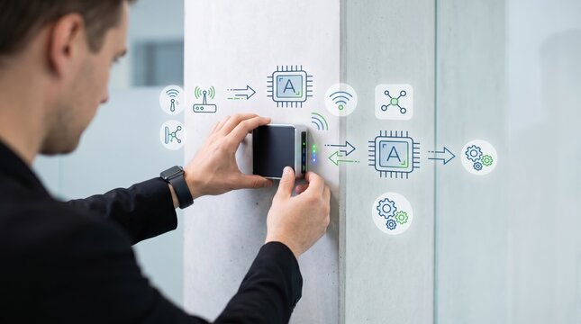 Technician installing smart IoT device on wall, connecting wireless sensors and AI chips, automation system configuration, internet of things and smart home technology maintenance