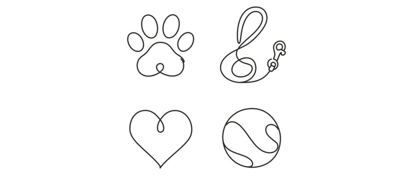Continuous line art vector icon set of 4 minimalist icons for pet therapy and animal wellness featuring a dog paw print, a leash, a heart for love, and a play ball for mental health support.