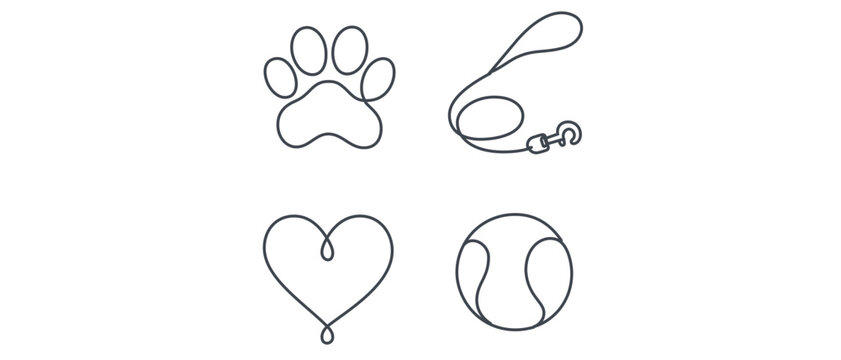Vector icon set collection of 4 minimalist continuous line art icons for pet therapy and mental health wellness featuring a dog paw print, a leash, a heart, and a tennis ball for pet care.