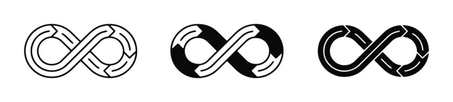 Infinity loop road icons with arrows, set of 3 vector symbols for circular economy and continuous process, black and white mobius strip road signs