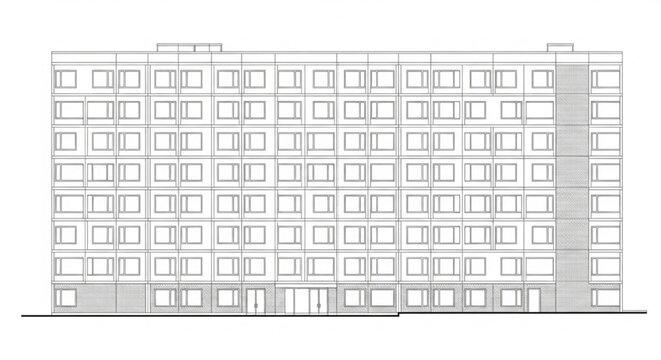 Large-Scale Residential Apartment Block Elevation CAD Drawing with Repetitive Window Grid and Minimal Urban Housing Facade