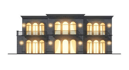 Fototapeta premium Luxury Classical Villa Facade Elevation with Arched Windows, Symmetrical Composition and Balcony Railings at Night Lighting