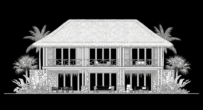 Tropical Resort Villa Elevation CAD Drawing with Thatched Roof, Timber Balcony Railings and Lush Landscape Detailing