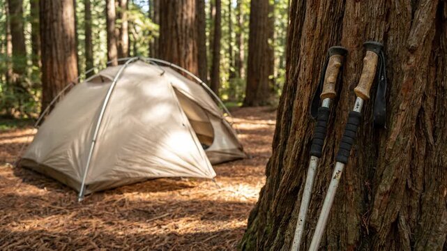 A serene camping setup with a tent and hiking poles nestled among redwood trees in a tranquil forest.
