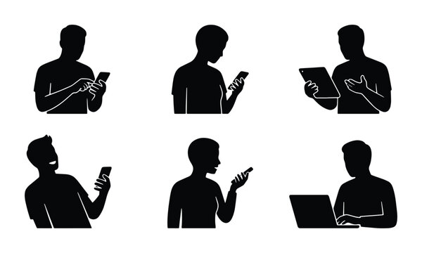 Minimalist people silhouette set using digital devices, black vector icons of men and women with smartphones and laptops, 6 mobile technology user elements