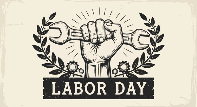 Labor Day Celebration with Fist and Wrench Emblem surrounded by Laurel Wreath