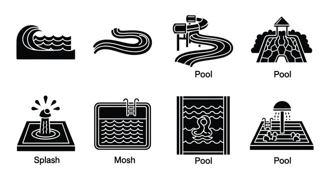 Water park and pool icons set black vector silhouettes