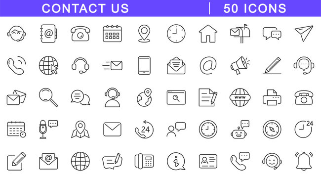 Contact Us icon set. Business contact us icons in line style. Editable web icons for communication, phone, email, contact, website and address. Vector illustration.