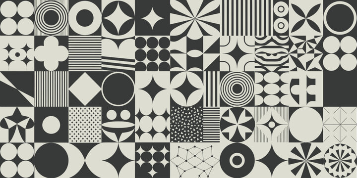 Geometric Seamless Pattern Vector Background, Vintage Retro Style Creative Texture with Circles, Halftone, and Grid Elements, 70s 80s 90s Abstract Repeatable Design for Fabric, Wallpaper, and Packagin