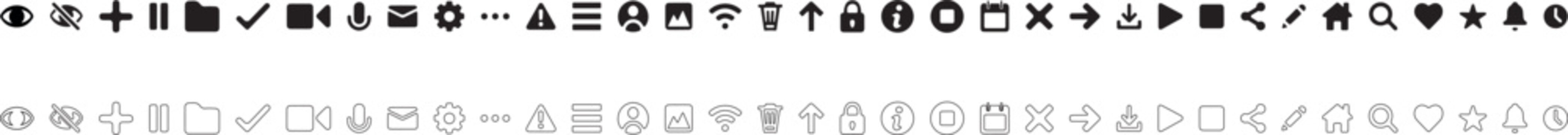 Large set of universal interface icons, symbol of web design, mobile apps and navigation, vector icon in two styles: glyph and outline.