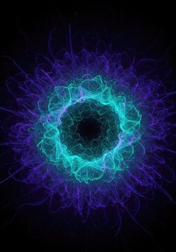 Abstract energetic field depicting complex subatomic particles swirling in vibrant indigo and teal colors, creating a spiritual light effect, frequency, fluid, ethereal
