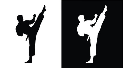 Silhouettes of martial arts athletes kicking in black and white backgrounds © SyedZahedul