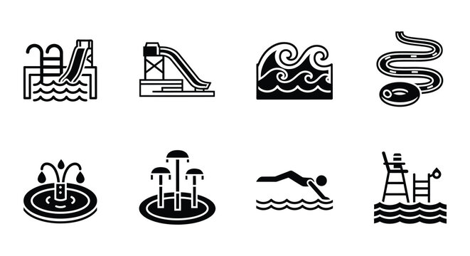 Water park and pool icons set black vector silhouettes