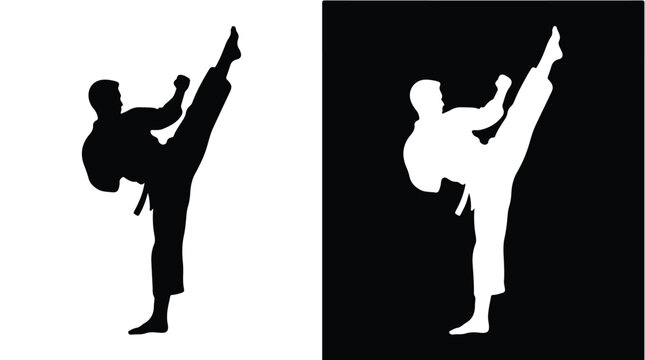 Silhouettes of martial arts athletes kicking in black and white backgrounds